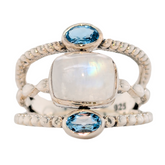Sterling Silver Rainbow Moonstone & Topaz Three Row Ring